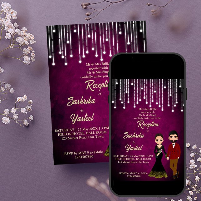 Indischer Hochzeitsempfang niedliches Brautpaar Einladung (Indian wedding reception cute bridal couple cartoon editable template invitation digital download)