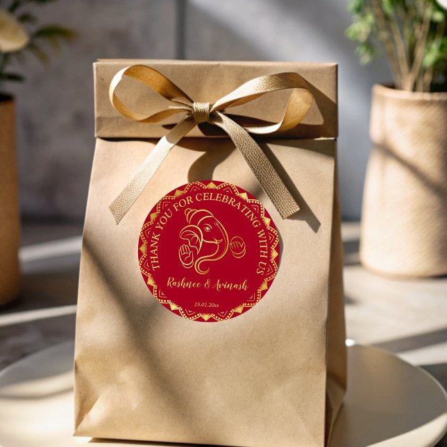 Indischer Hochzeitsmaroon und Gold Ganesha vielen  Runder Aufkleber (Indian wedding maroon and gold Ganesha thank you Classic Round Sticker)