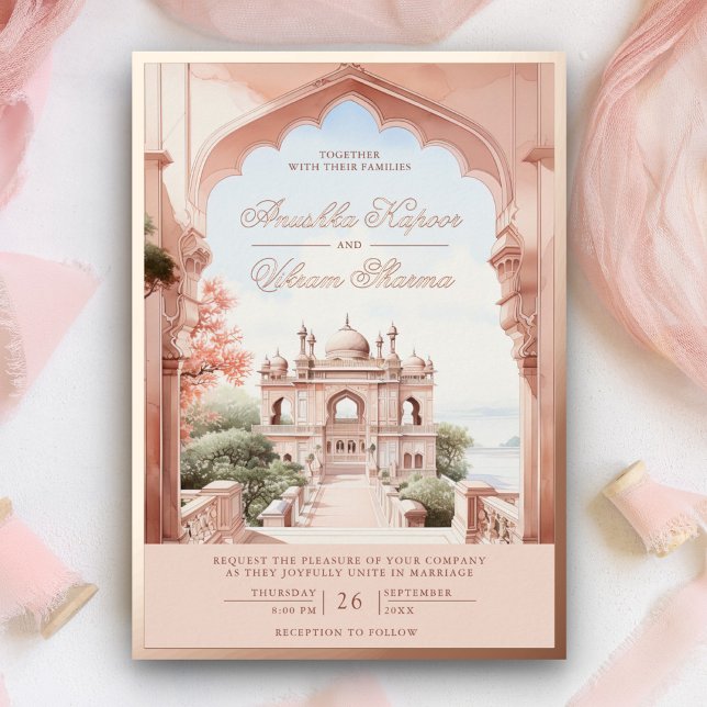 Indischer Palast Hochzeitssaal mit rosa Marmorplat Folieneinladung (Von Creator hochgeladen)