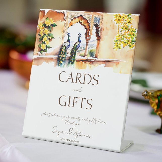 Indischer Pfau Pfau Jaipur Palast Geschenktisch Sockelschild (Indian wedding peacock Jaipur palace gifts table Pedestal Sign customized wedding signs)