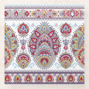 Indischer Pisley mit Blumen, ethnische Medaille. Glasuntersetzer