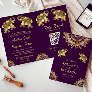 Indischer QR-Code-Hochzeitselefant in Purpur-Gold- Einladung