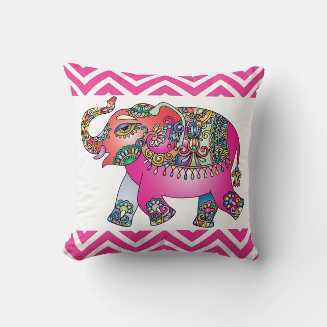 Indischer Rosa und Grüner Elefant Kissen (Vorderseite)
