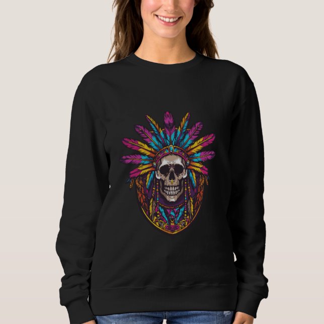 Indischer Schädelkopf mit bunten Federn Sweatshirt (Vorderseite)