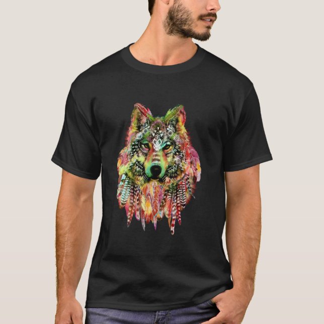Indischer Stammeswolf mit Feathers Stars Long T-Shirt (Vorderseite)