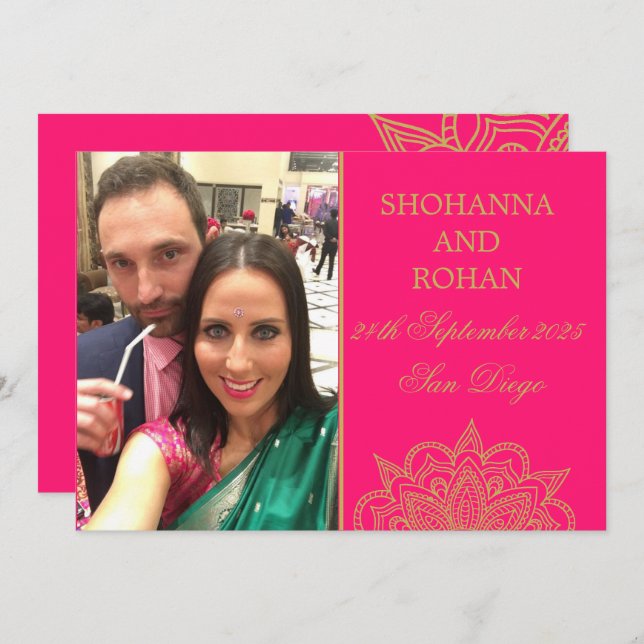 Indischer Stil Gold Pink Foto Hochzeit speichern d Ankündigung (Vorne/Hinten)