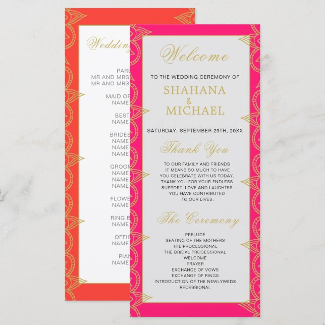 Indischer Stil Rosa Orange Gold Hochzeitsprogramm Programm (Vorne/Hinten)