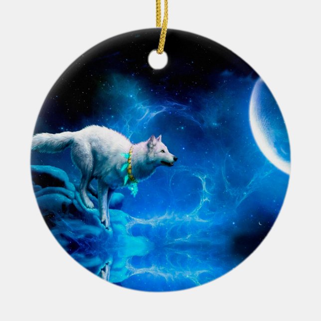 Indischer Wolf und Vollmond Keramik Ornament (Vorne)