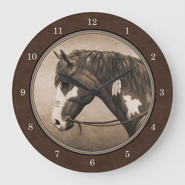 Indisches amerikanisches Pinto-War-Pferd in Sepia Große Wanduhr (Vorderseite)