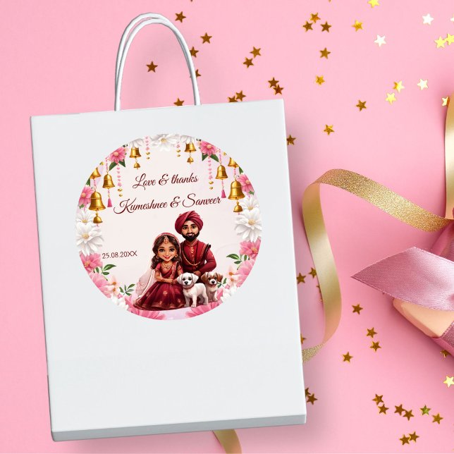 Indisches Brautpaar mit Hundekarikatur-Gefallen Runder Aufkleber (Indian bridal couple with dogs caricature Indian wedding favors personalized favor sticker template)
