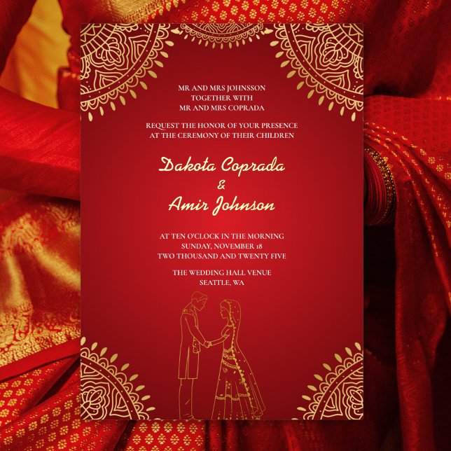 Indisches Ehepaar Hochzeit Red Gold Muster Folieneinladung (Von Creator hochgeladen)