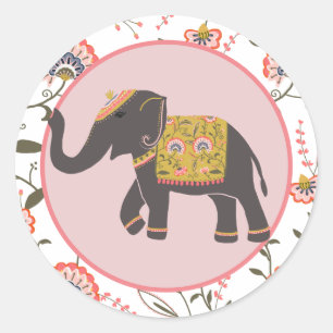 Indisches Elephant Pink Yellow Blume Muster Runder Aufkleber