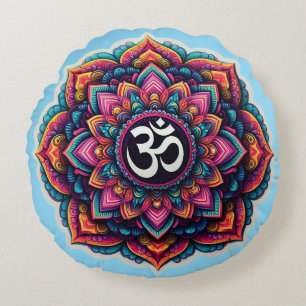 Indisches Om-Symbol in einem farbigen Mandala-Desi Rundes Kissen