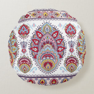Indisches Paisley-Blumenmuster, ethnisches Medaill Rundes Kissen
