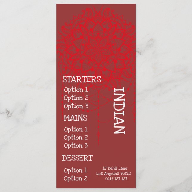 Indisches Restaurantabendessenmenü Menükarte (Vorderseite)