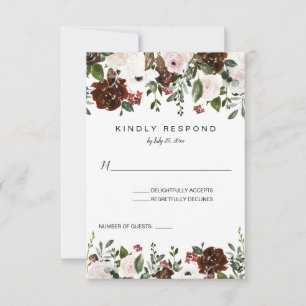 Indisches Rot, Elfenbein, Waldgrün Floral Vertikal RSVP Karte