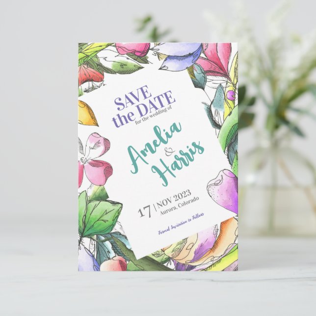 Individualisieren Sie die Blumenübersicht Save the Save The Date (Stehend Vorderseite)