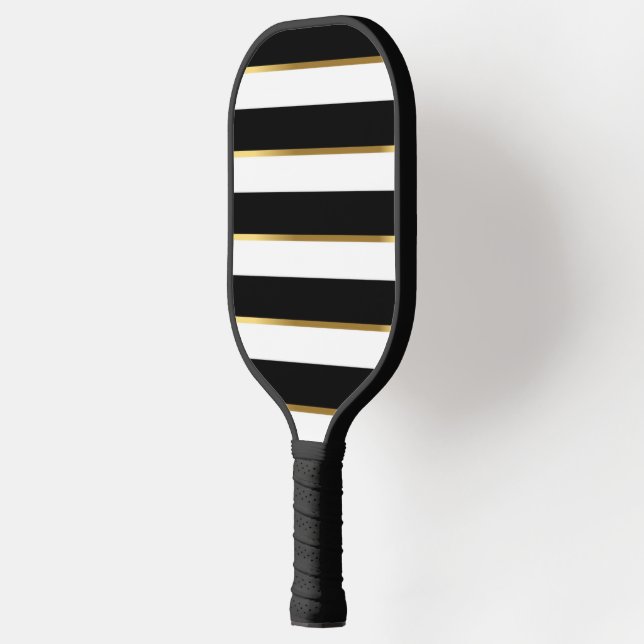 Individualisieren Sie elegantes Stripe Black Gold Pickleball Schläger (Links)