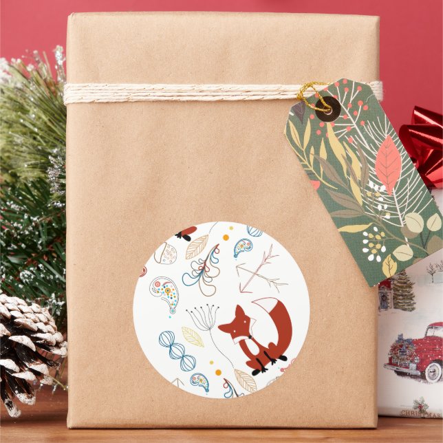 Individualisieren Sie moderne Fox Woodland Muster Runder Aufkleber (Feiertag)