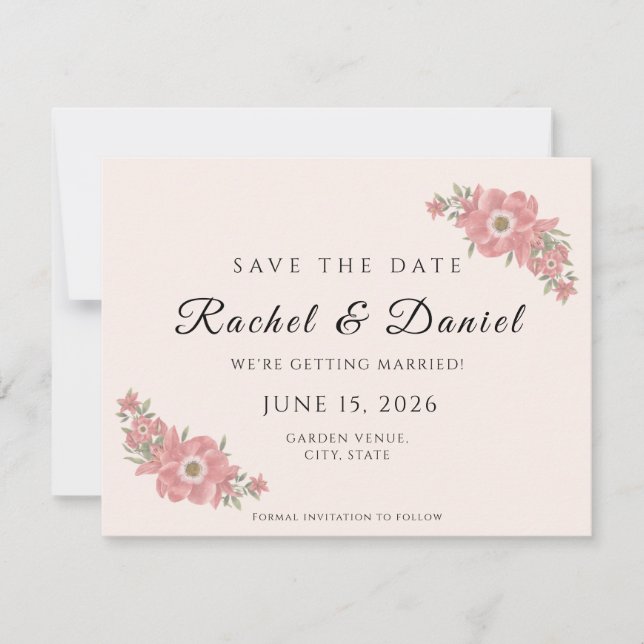 Individuell angepasstes Rouge Wasserfarben Florale Save The Date (Vorderseite)