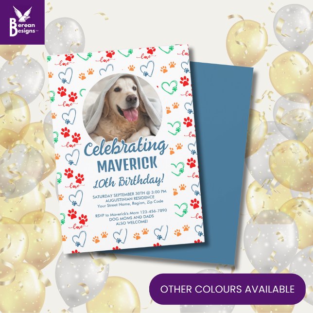 Individuell anpassbare Geburtstagsparty Einladung (Cute dog birthday invitation with customizable photo and text and colorful paw print pattern.)