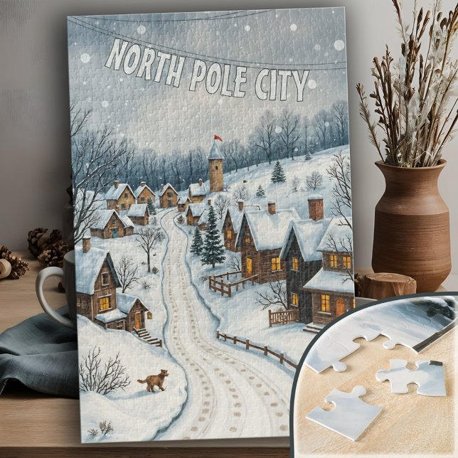 Individuell gestaltete WinterVillage Snowy Holiday Puzzle (Customizable Winter Village Charming Snowy Holiday North Pole Scene Jigsaw Puzzle)