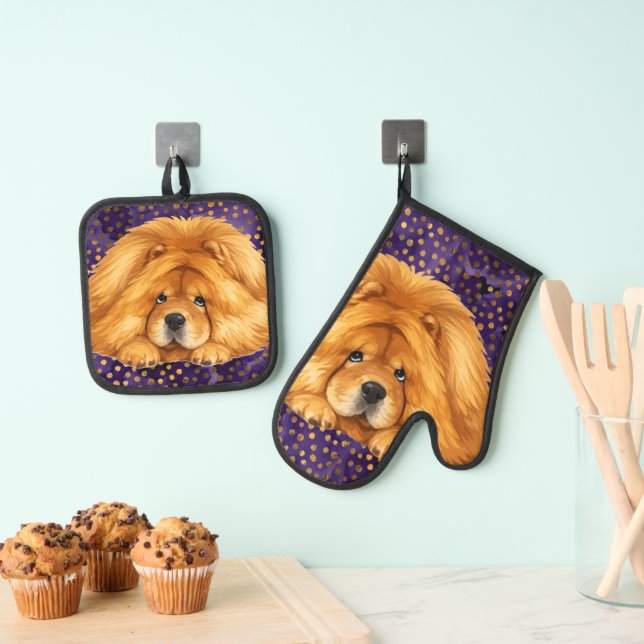 INDIVIDUELL GESTALTETER NIKO-CHOW-HUNDE-OFENHANDSC OFENHANDSCHUH & Topflappen-Set (Insitu (Hängend))
