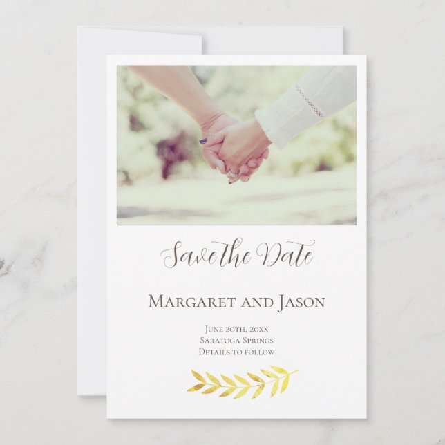 Individuell zarte goldene Blätter Save the Date Ka (Vorderseite)