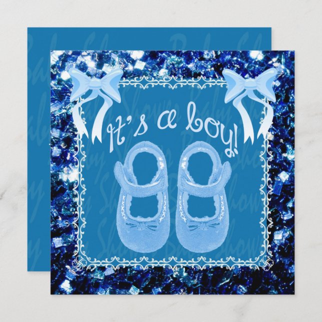 Individuelle Baby Boy Dusche Blue Glitzern Einladu Einladung (Vorne/Hinten)