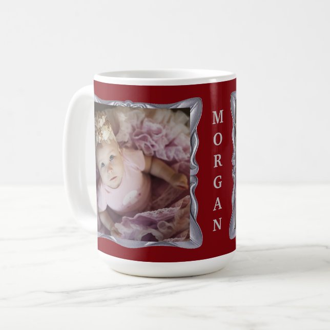 Individuelle Baby-Fotos und Name in Extravaganter  Kaffeetasse (Vorderseite Links)