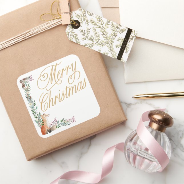 individuelle botanische Fuchs Aquarell fröhliche W Quadratischer Aufkleber (Schenken)