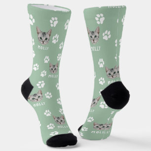 Individuelle Katzentier-Foto- und Namenssage grün Socken