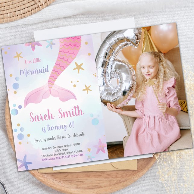 Individuelle Kinder unter dem Party laden ein Einladung (Pink Mermaid Birthday Invitations with photo)