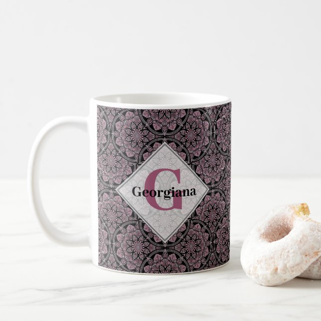 Individuelle Name 1920er Jahre Dusky Rose Floral F Kaffeetasse (Mit Donut)