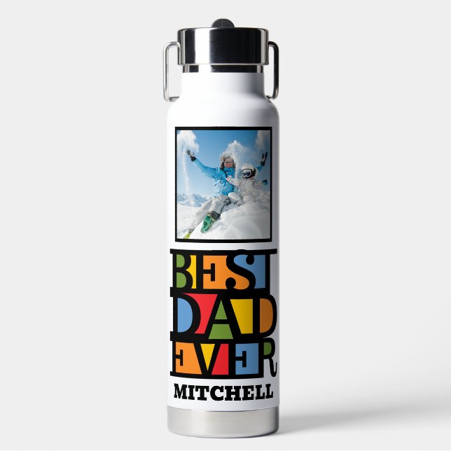 Individuelle Name & 2 Fotos BESTER VATER JE Trinkflasche (Vorderseite)