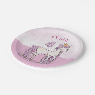 Individuelle Name 4. Geburtstag Rosa Pferd mit Kro Pappteller