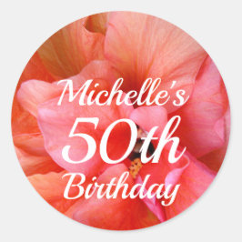 Individuelle Name 50. Geburtstag Orange Pink Blume Runder Aufkleber