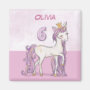 Individuelle Name 6. Geburtstag Rosa Pferd mit Kro Magnet