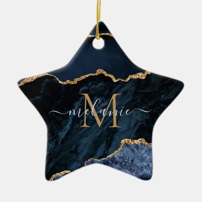 Individuelle Name Agate Navy Blauer Edelsteinmarmo Keramik Ornament (Vorne)