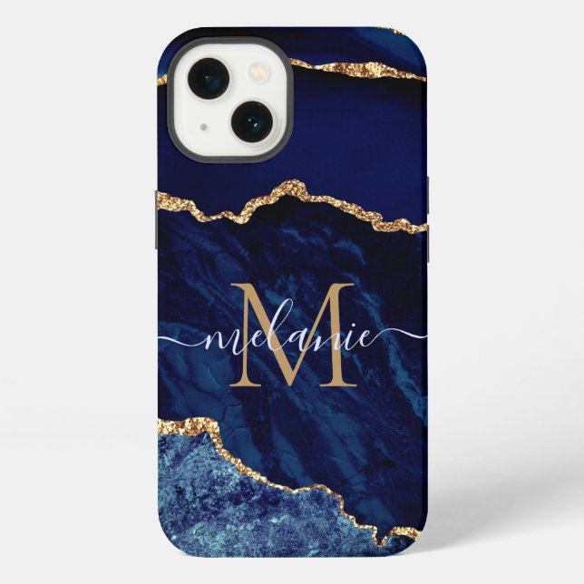Individuelle Name Agate Navy Blue Gold Geode Marbl iPhone Hülle (Rückseite)