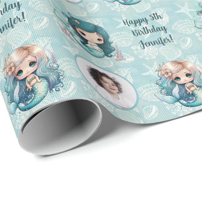 Individuelle Name Age Foto Mermaid Geburtstag Geschenkpapier (Rolleneckpunkt)