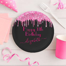 Individuelle Name + Age Hot Pink Drilling Glitzer Pappteller