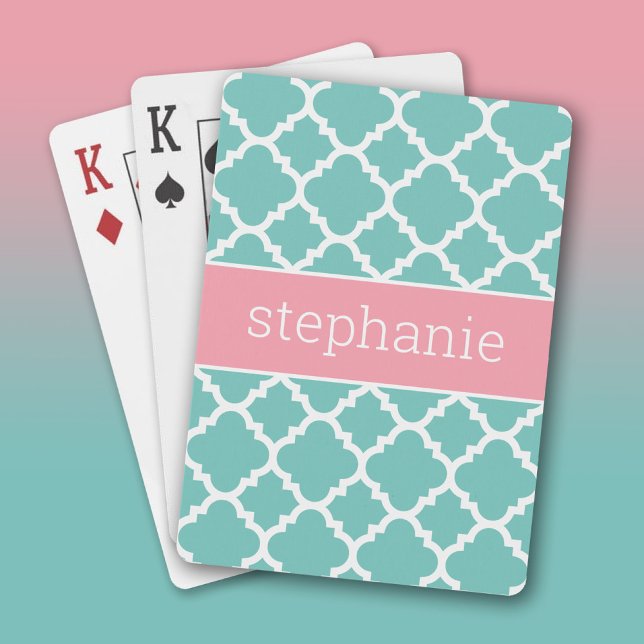 Individuelle Name Aqua & Blush Quatrefolienmuster Spielkarten (Custom Playing Cards)
