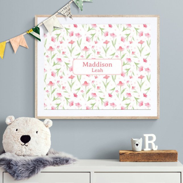 Individuelle Name Art Aquarell Blumenrosa Kinderzi Poster (Customize name! Shown with white mat and wood frame. (you will receive print only) Thank  you!)