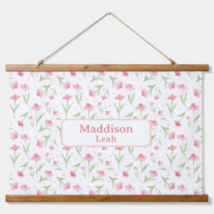 Individuelle Name Art Aquarell Blumenrosa Kinderzi Wandteppich Mit Holzrahmen