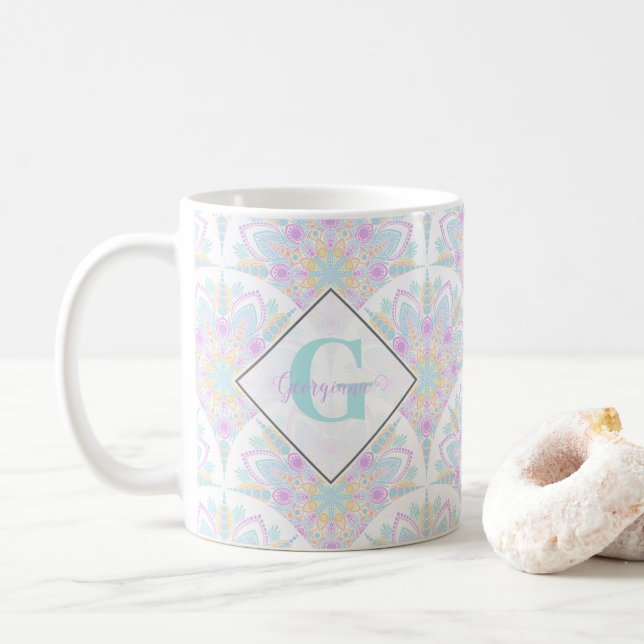 Individuelle Name Art Deco Pastel Rainbow Floral M Kaffeetasse (Mit Donut)