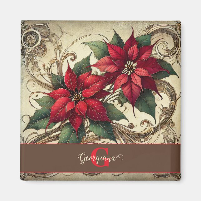 Individuelle Name Art Nouveau Christmas Poinsettia Magnet (Vorne)