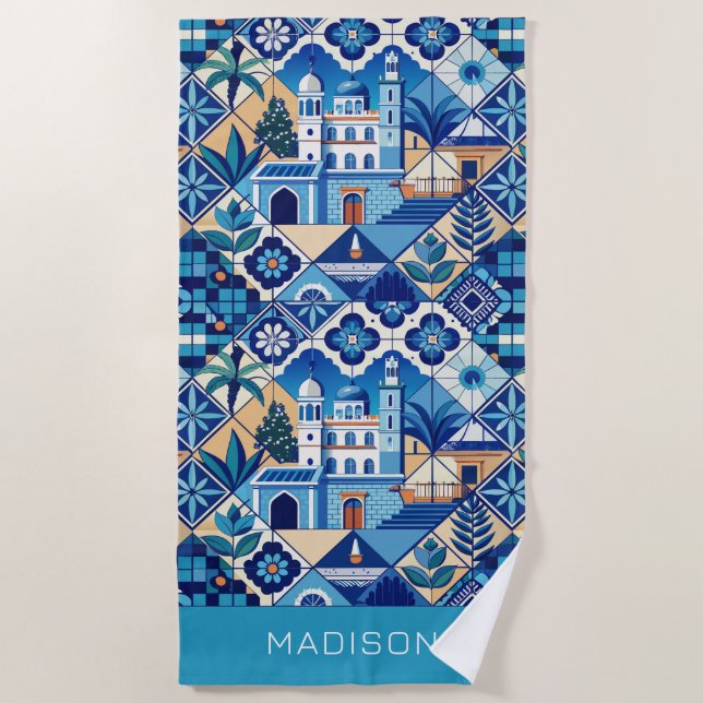 Individuelle Name Azulejo Tiles Pattern Strandtuch (Vorderseite)