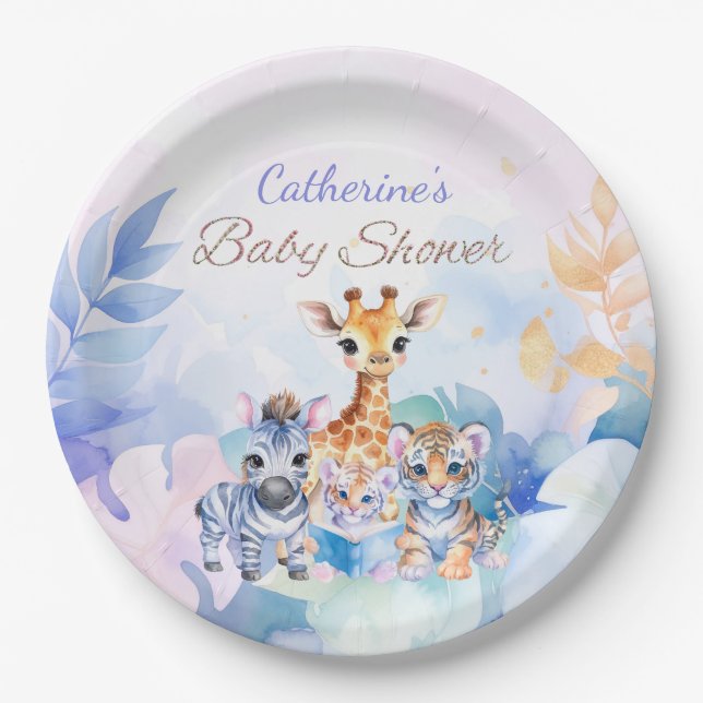 Individuelle Name Baby Zebra, Giraffe und Tiger Pappteller (Vorderseite)