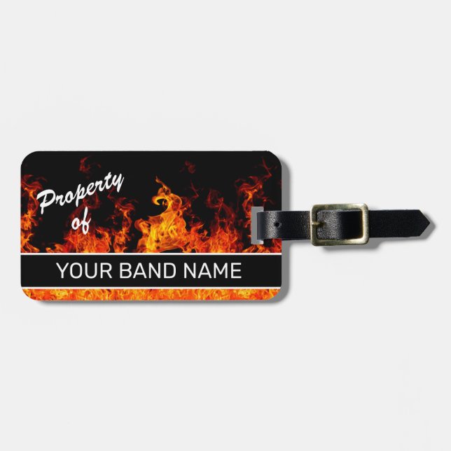 Individuelle Name Band Merch Flames Rock & Roll Mu Gepäckanhänger (Vorderseite horizontal)
